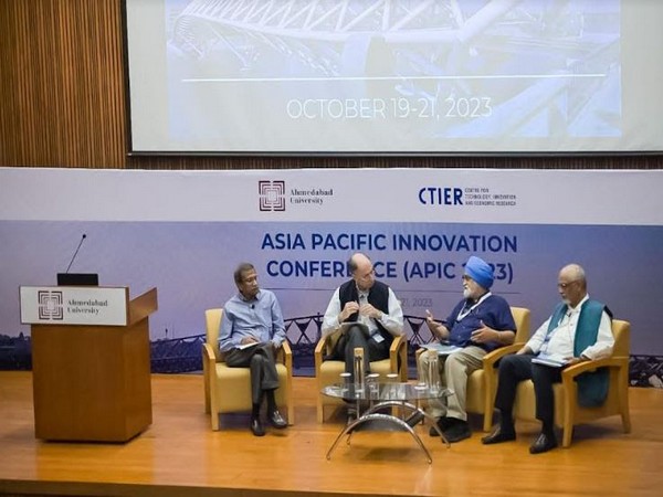 T N Ninan, Montek Singh Ahluwalia, Naushad Forbes, and Pankaj Chandra (from right) during the inaugural panel discussion of the Asia-Pacific Innovation Conference 2023 held at Ahmedabad University