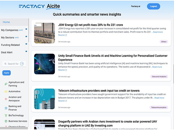 A Screen Grab from Factacy Aicite - An Ai powered Business News Summary Platform