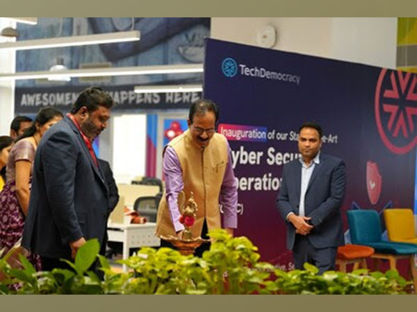 Sri Patibandla, Dr Sriram Birudavolu, and Sushil Madhukar at the launch of TechDemocracy's CSOC in Hyderabad, India