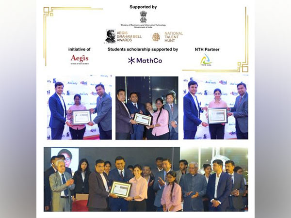 Nitin Gadkari along with Prajwal R, Partner and CFO and Snehamoy Mukherjee, Partner at MathCo felicitating the 14th AGBA National Talent Hunt winners