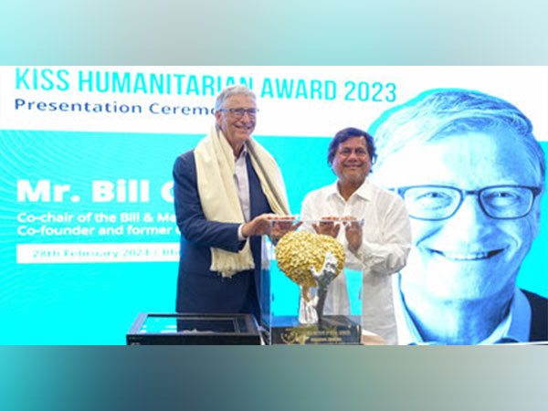 Bill Gates, Microsoft Co-Founder and Co-Chair of Bill & Melinda Gates Foundation receives the KISS Humanitarian Award 2023 from Dr Achyuta Samanta, Founder, KIIT, KISS Bhubaneswar, Odisha, India