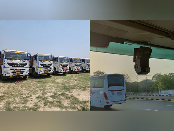 (L) Fleet of Dalmia Logistics & Transport (R) drivebuddyAI ADAS installed on the wind shield of the truck