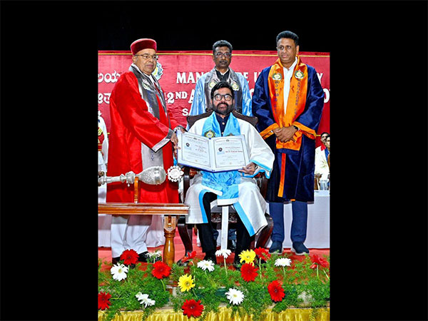 L-R: T C Gehlot, Gov, Karnataka; P L Dharma, VC, Mangalore University; Dr MC Sudhakar, pro-VC; sitting: Dr K Prakash Shetty, Founder Chairman of MRG Group