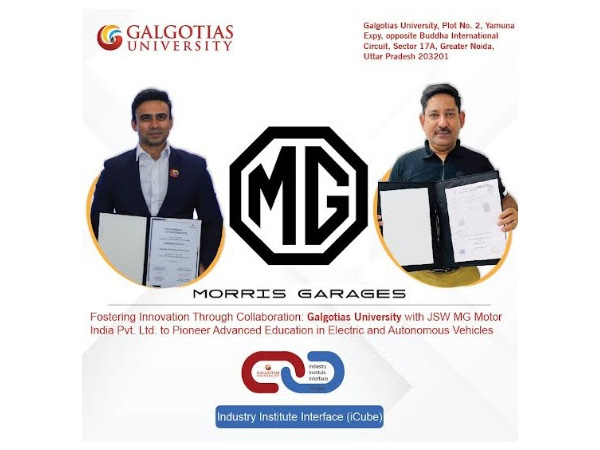 Dr Dhruv Galgotia, CEO of Galgotias University, and Yeshwinder Patial, Senior Director - HR of MG Motor, sign an MoU to launch a groundbreaking EV training program for students