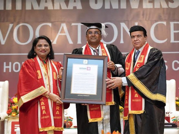 Raj P Narayanam Chairman of Zaggle being honored with Honorary Doctorate by Dr Ashok K Chitkara, Chancellor & Dr Madhu Chitkara Pro Chancellor, Chitkara University