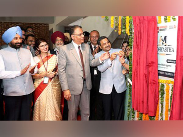 Justice Deepak Gupta, Justice Vikram Aggarwal and MP Rajya Sabha & Chandigarh University Chancellor Satnam Singh Sandhu inaugurating 'Madhyastha- Centre of Excellence' at Chandigarh University.