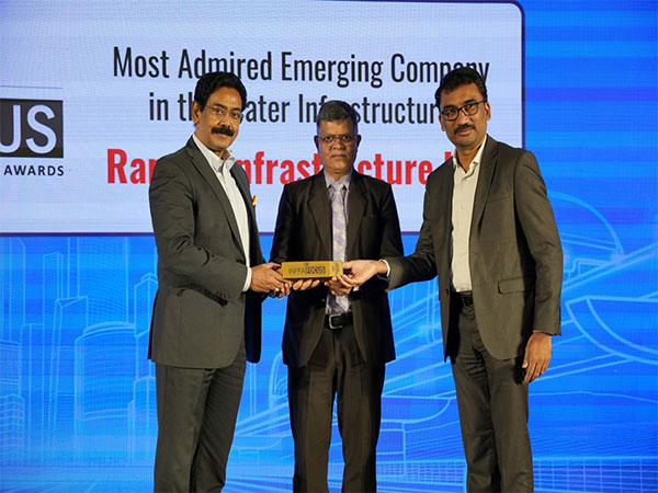 NS Rao (left) Group CFO Ramky Group & Dr Divakar Marri (right) VP Projects Ramky Infrastructure receiving ET Now Infra award from Sanjay Kulshrestha (middle) Chairman & MD HUDCO