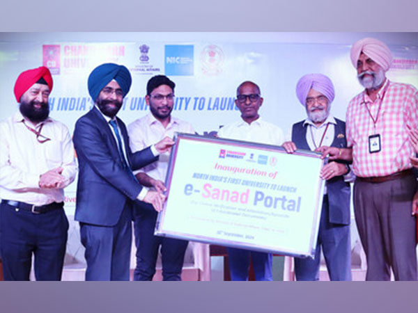 Dilip Kumar Jha, Principal Secretary, Department of NRI Affairs, Punjab, Sanyam Aggarwal, Director Higher Education Punjab with Chandigarh University officials launching the e-Sanad Portal