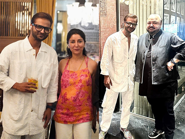 Artist Suvigya Sharma with Anamkara Art founder Priyanka Kheterpal and Valaya Home founder JJ Valaya at the exhibition (Photo: Buzzmore Media)