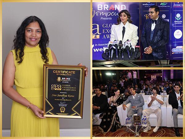 Sree Sandhya Kona (Machine Learning and Big Data Engineer) being honored by the gorgeous Shilpa Shetty Kundra at the "Global Excellence Awards 2024" by Brand Empower