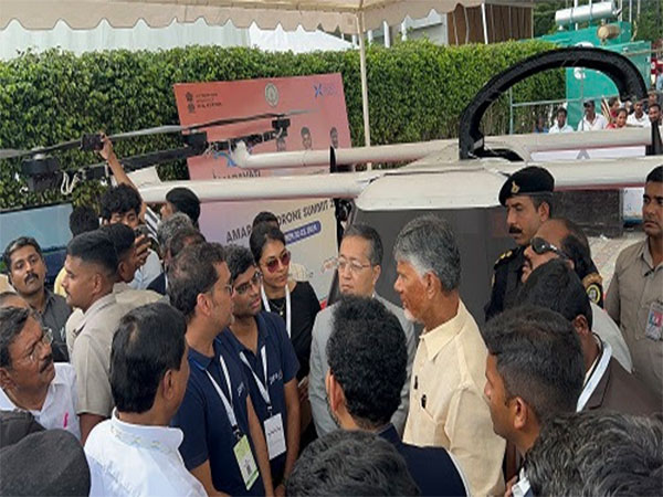 BluJ Aero team in conversation with Union Minister for Civil Aviation  Ram Mohan Naidu,  AP Chief Minister Chandrababu Naidu at the Amaravati Drone Summit 2024. (Aircraft seen in background)