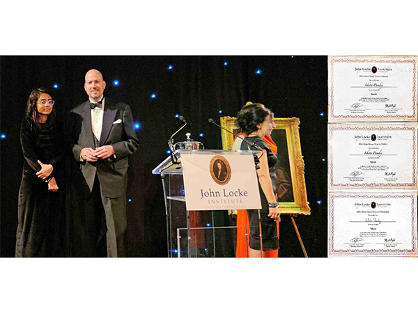 Ishita Pandey with Martin Cox, Director General of the John Locke Institute, during the Global Essay Prize Ceremony held in London on September 21, 2024.