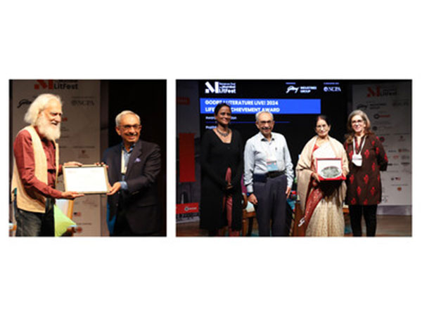 Left to Right - NBG presenting the Poet Laureate Award to Arvind Krishna Mehrotra and Lifetime Achievement Award to author Pratibha Ray