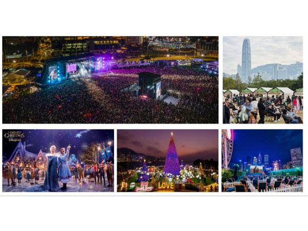 Clockwise: Clockenflap festival, Christmas Market at West Kowloon Cultural District, the big screen at The Grounds, Christmas Town, and World of Frozen at Hong Kong Disneyland