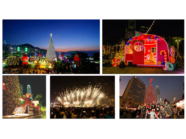 Clockwise: Christmas Tree in Christmas Town, Photo Spots for Visitors in Christmas Town, Winter Harbourfront Pyrotechnic Displays Ignite the Festive Season