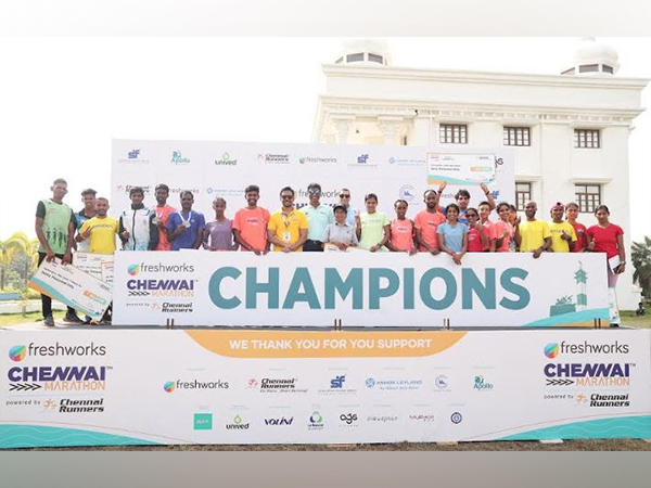 Winners at the Freshworks Chennai Marathon powered by Chennai Runners, 2025, with Dr. Malini V Shankar, Vice Chancellor, Indian Maritime University, and V P Senthil Kumar