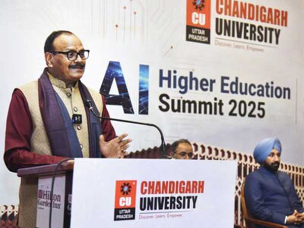 Uttar Pradesh Deputy Chief Minister Brajesh Pathak speaking during the inaugural session of AI Higher Education Summit 2025 organized by Chandigarh University Lucknow.