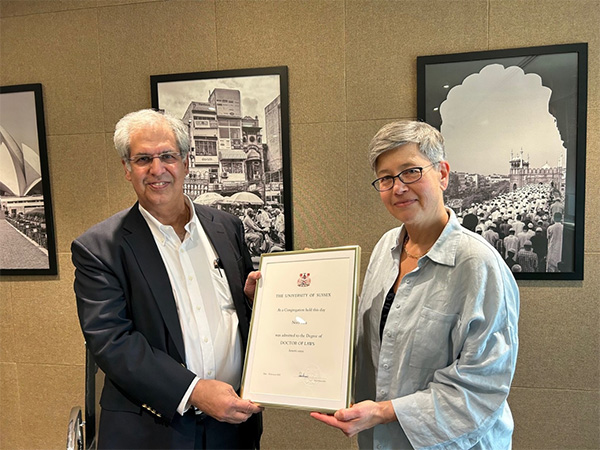 University of Sussex, Vice-Chancellor and President, Professor Sasha Roseneil presenting a honorary doctorate to Noel Tata, Chairman - Tata Trusts, an alumnus of University of Sussex from 1978