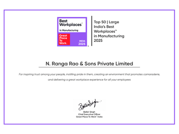 N Ranga Rao and Sons has been awarded as one of India's Best Workplaces in Manufacturing for the third consecutive year