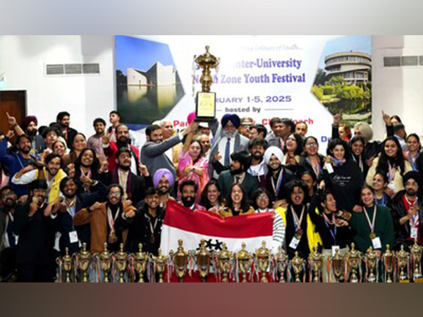 Managing Director Jai Inder Singh Sandhu and Pro-VC Dr. Davinder Singh along with team Chandigarh University receiving the overall AIU North Zone trophy