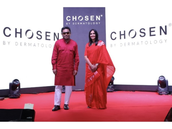 A captivating moment of A.R. Rahman unveiling CHOSEN's new brand identity at the HIFIVE Conclave, surrounded by an enthusiastic audience at the Museum Theatre, Chennai.