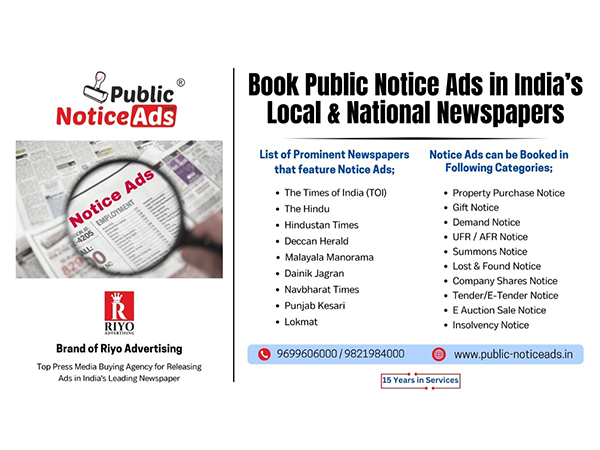 Riyo Advertising Group's Public-NoticeAds.in: Simplifying Public Notice Advertising with Seamless Online Booking and Nationwide Reach