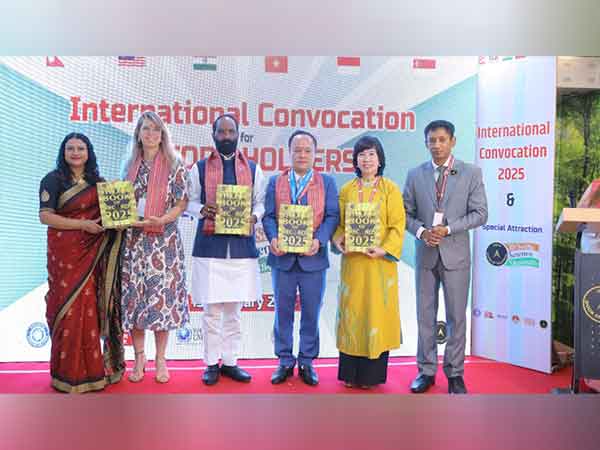 From left: Neerja Roy Chowdhury, Uta Hanna Dehnert, Dr Sanjay Mayukh, Dr Chu Bao Que, Dr Nguyen Hoang Anh and Dr Biswaroop Roy Chowdhury releasing the India Book of Records 2025.