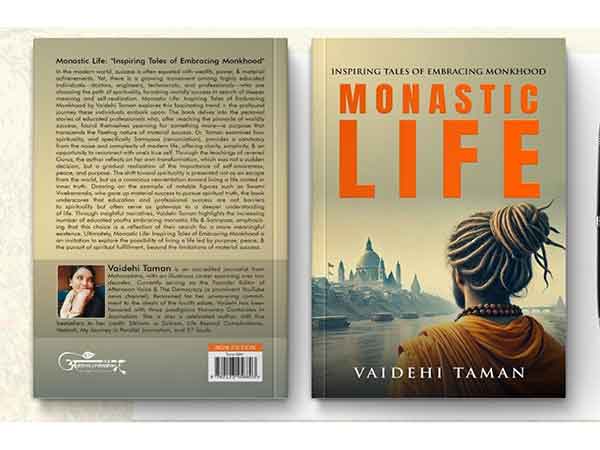 Dr. Vaidehi Taman's book Monastic Life: Inspiring Tales of Embracing Monkhood being launched by Mahamandaleshwar Dr. Umakantanand Saraswati Ji Maharaj and esteemed spiritual leaders at the Maha Kumbh