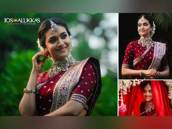 Actress Keerthy Suresh stuns in an exclusive Ruby & Polki necklace, specially crafted by Jos Alukkas for her wedding