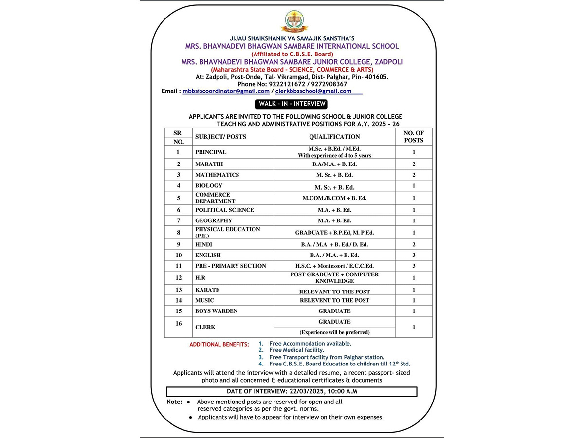 Jijau Shaikshanik Va Samajik Sanstha's Bhavnadevi Bhagwan Sambare International School & Junior College Announces Walk-In Interviews for Teaching & Administrative Positions