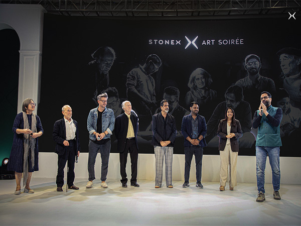 (R-L) Gaurav Aggarwal, Chairman of Stonex Group and Prachi Bhattacharya, CEO of Stonex Art with artists, at the Stonex Refinery in Kishangarh, for the Art Soiree by Stonex