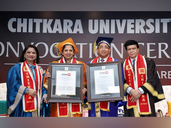 Dr Madhu Chitkara, Pro Chancellor, Chitkara University confers the honorary Doctor of Letters (Honoris Causa) upon Joy Alukkas, Chairman and Managing Director of Joyalukkas Group