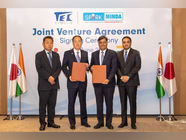 L to R Mr Noriharu Takeshita - Kiyoshi Koide - Ashok Minda - Aakash Minda during the JV ceremony