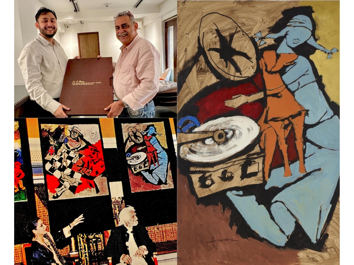 Abeer Vivek Abrol presenting the book of "Our Planet Called Earth" to Dadiba Pundole of Pundoles Auction and M F Husain Saab and Shabana Azmi with the art purchased in the background