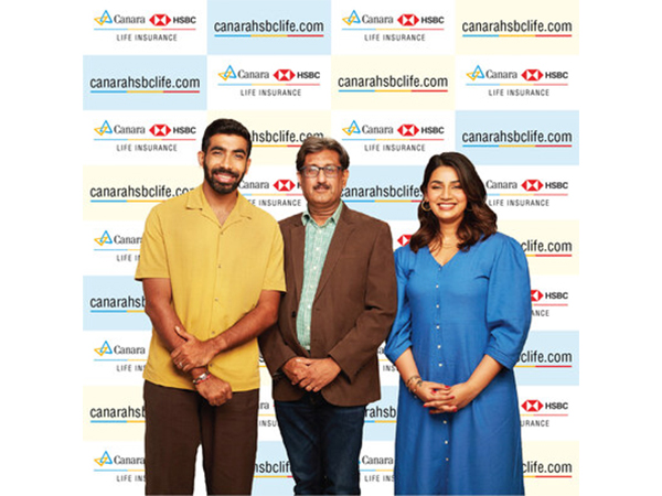 (From Left) Jasprit Bumrah, Rishi Mathur, CMO and Chief Distribution Officer- Alternate Channels, Canara HSBC Life Insurance, Sanjana Ganesan