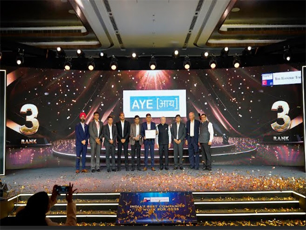 Sanjay Sharma, MD; Krishan Gopal, CFO; and Ankur Sharma, Head - HR; receiving the Great Place to Work® certification on behalf of Aye Finance