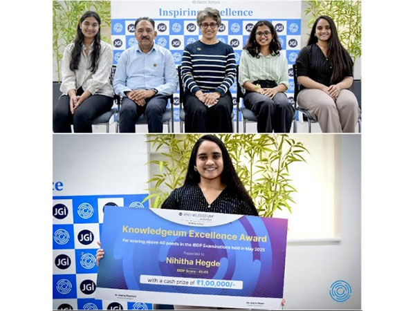 Top: The achievers with Aparna Prasad, Founder - Knowledgeum and Head of School - Kalai Rajan. Bottom: Nihitha Hedge - one of the top scorers - conferred with the Knowledgeum Excellence Award