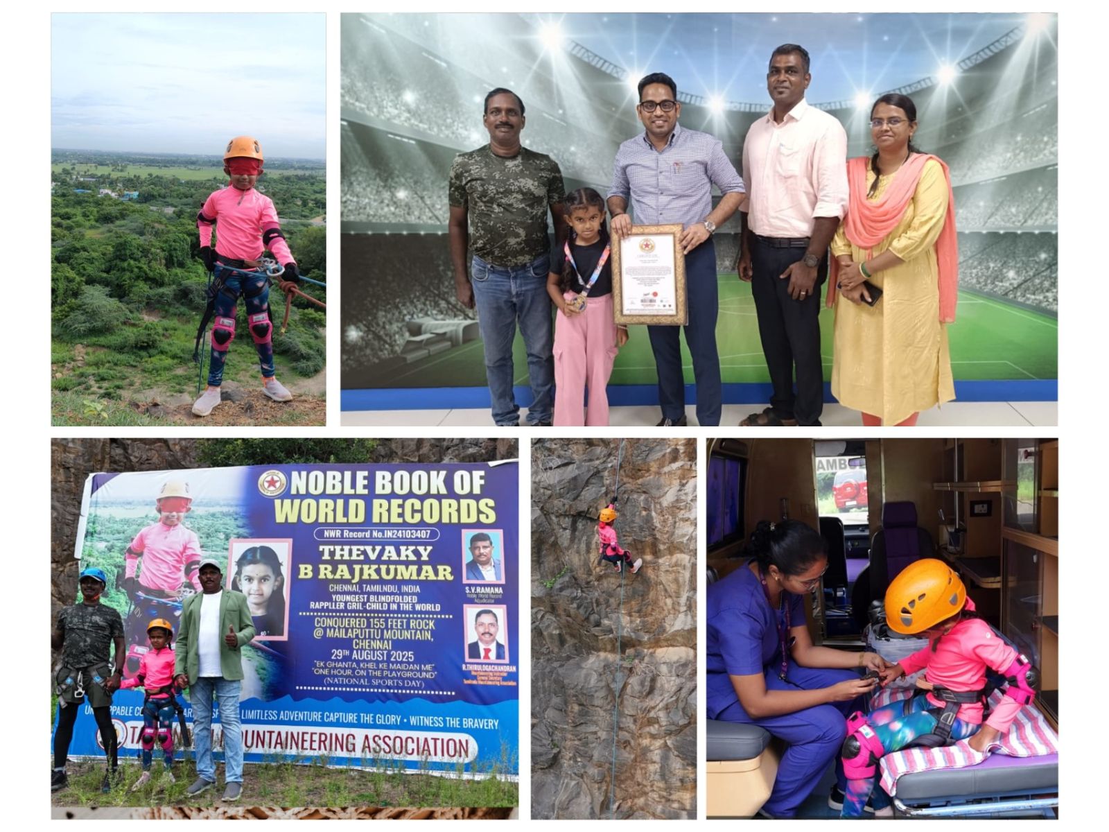 Fearless ascent! Six-year-old Thevaky B. Rajkumar conquers a 155-foot blindfolded rappel, setting a new world record.