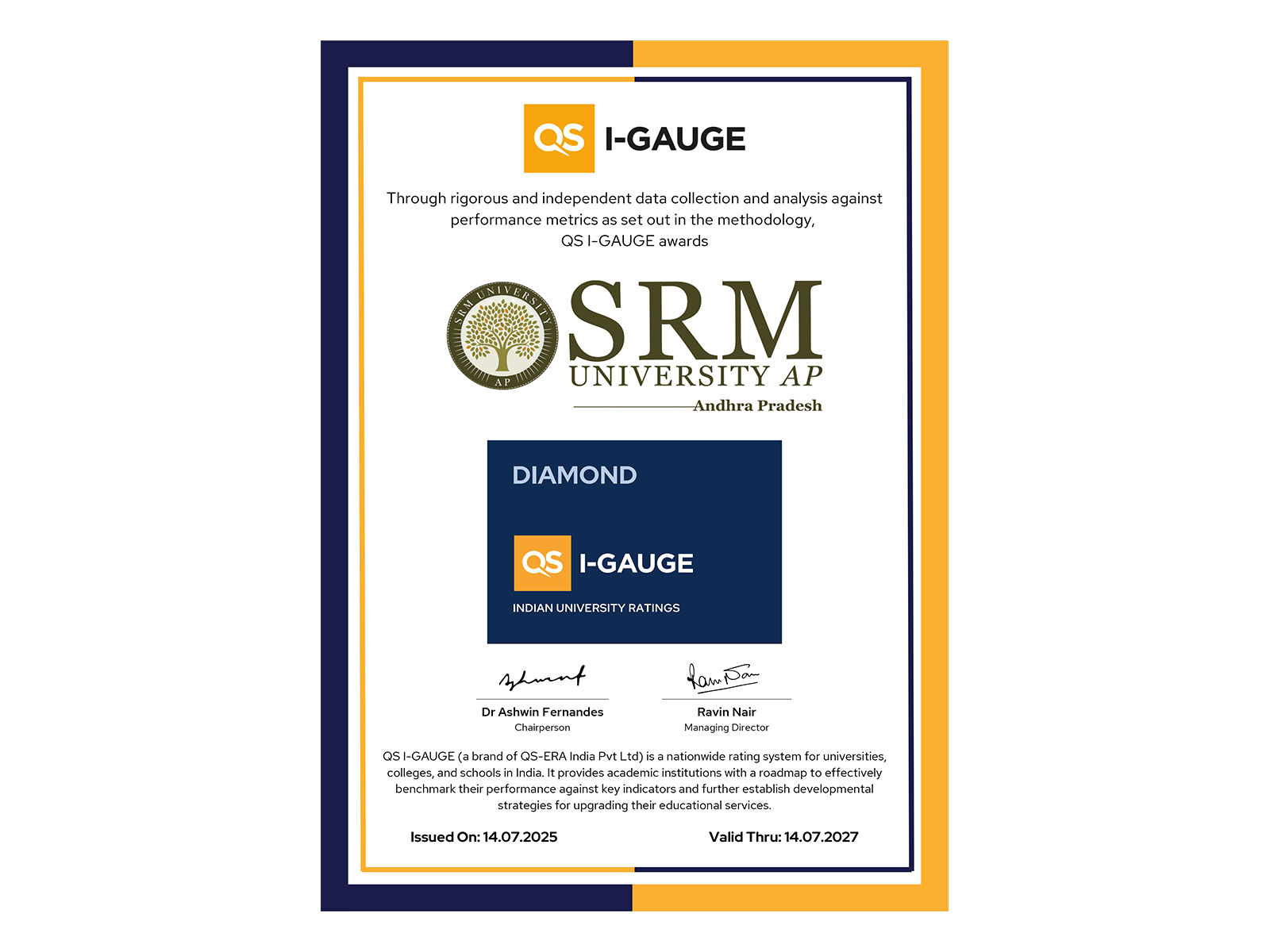 SRM University-AP Recognised with QS-I GAUGE Diamond Rating for Institutional Excellence