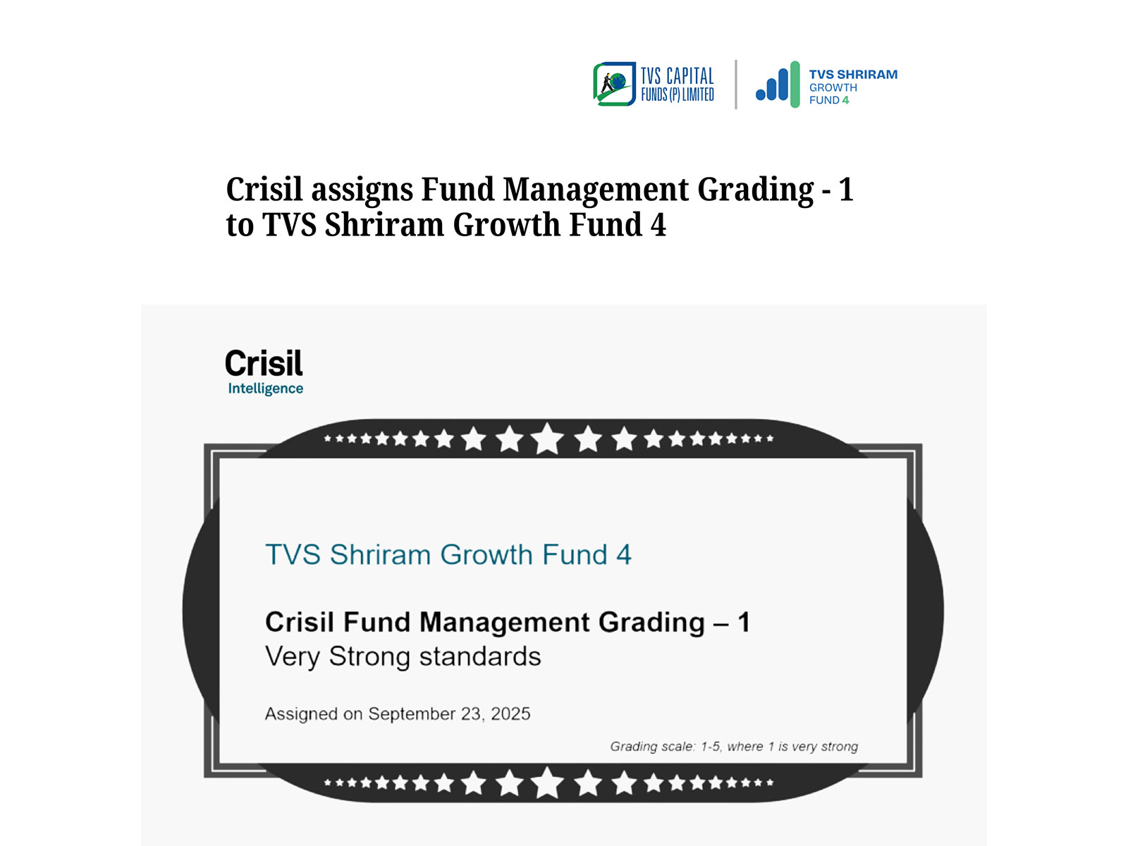 TVS Shriram Growth Fund 4 Earns CRISIL Fund Management Grading - 1, Reinforcing Sector Expertise and Governance Excellence