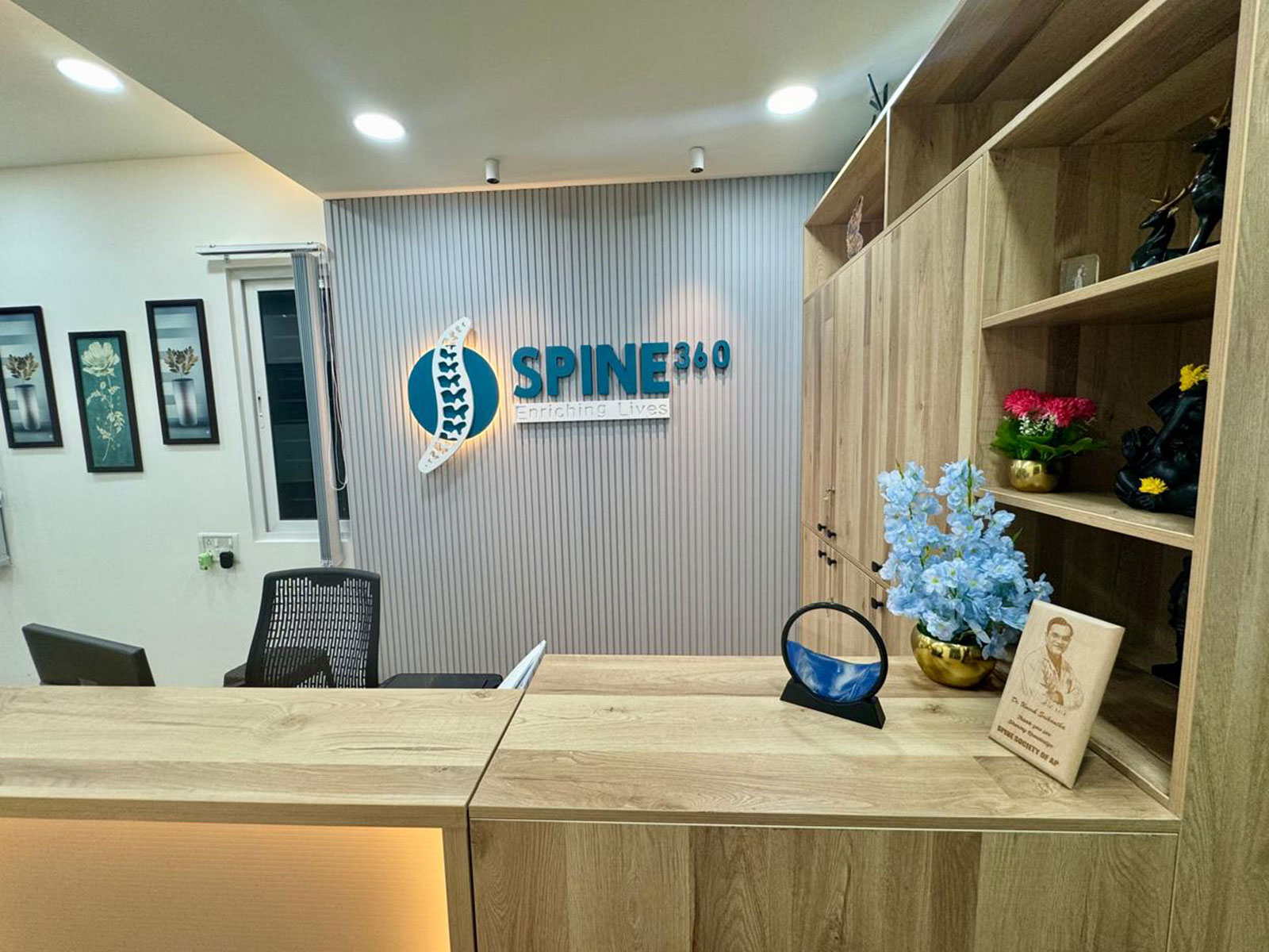 Front office of Spine 360, a leading spine hospital in Bangalore, featuring a modern reception area and welcoming atmosphere