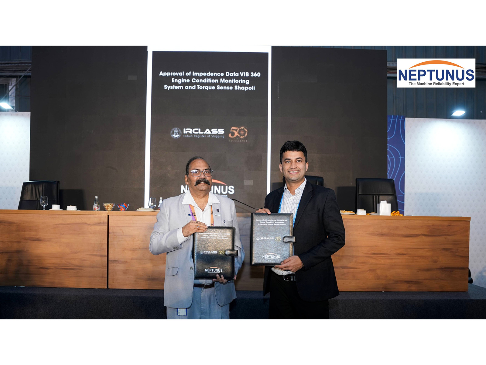 From left to right: Mr. P.K. Mishra (Managing Director, IRS) & Mr. Akshay Purohit (COO & Director, Neptunus Power) at the Maritime India Week 2025