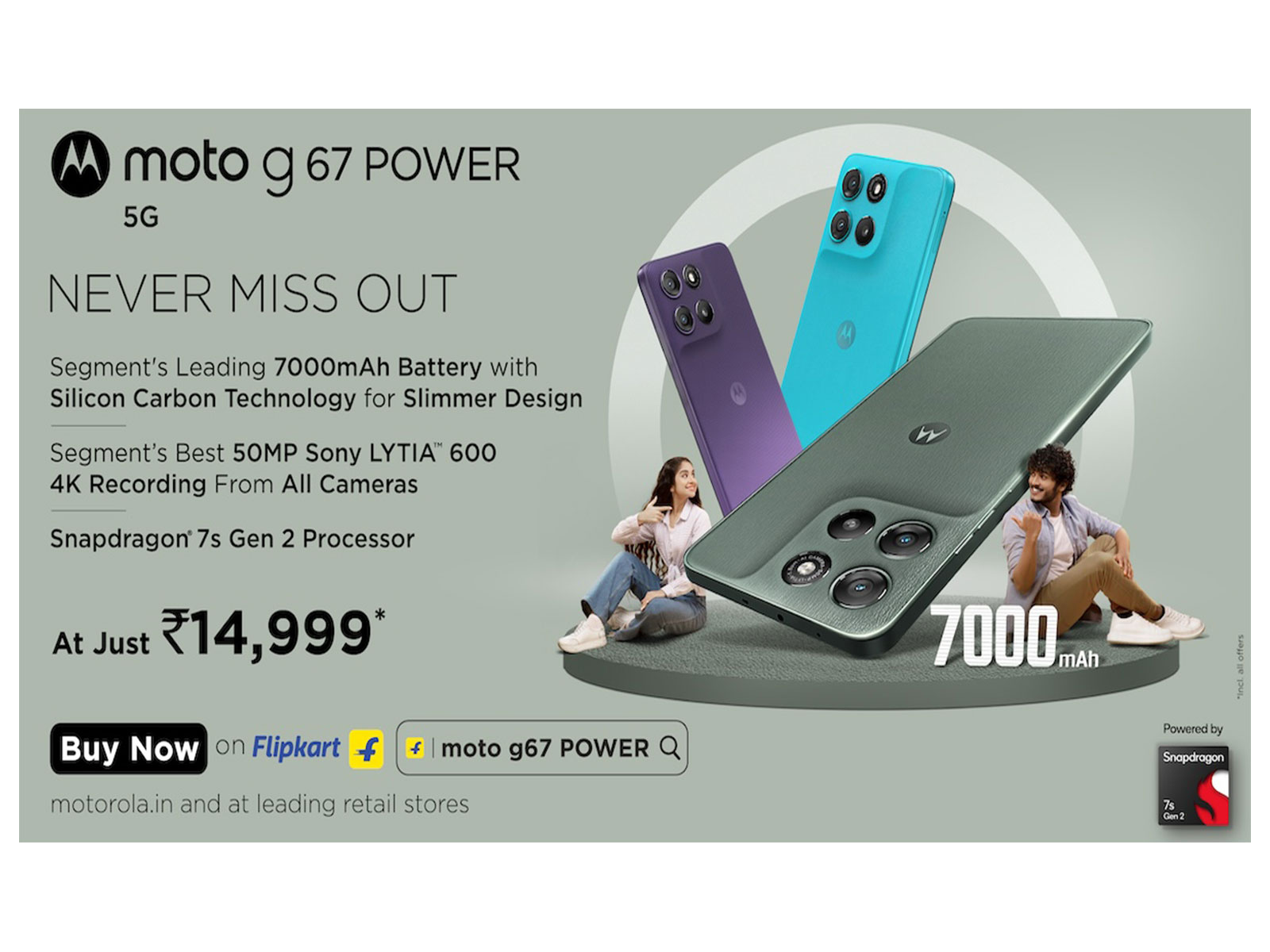 moto g67 POWER Goes on Sale -- Best Camera Phone Under Rs. 15K with 7000mAh Battery, 50MP Sony LYTIA™ 600, Snapdragon® 7s Gen 2 -- at Just Rs.14,999*