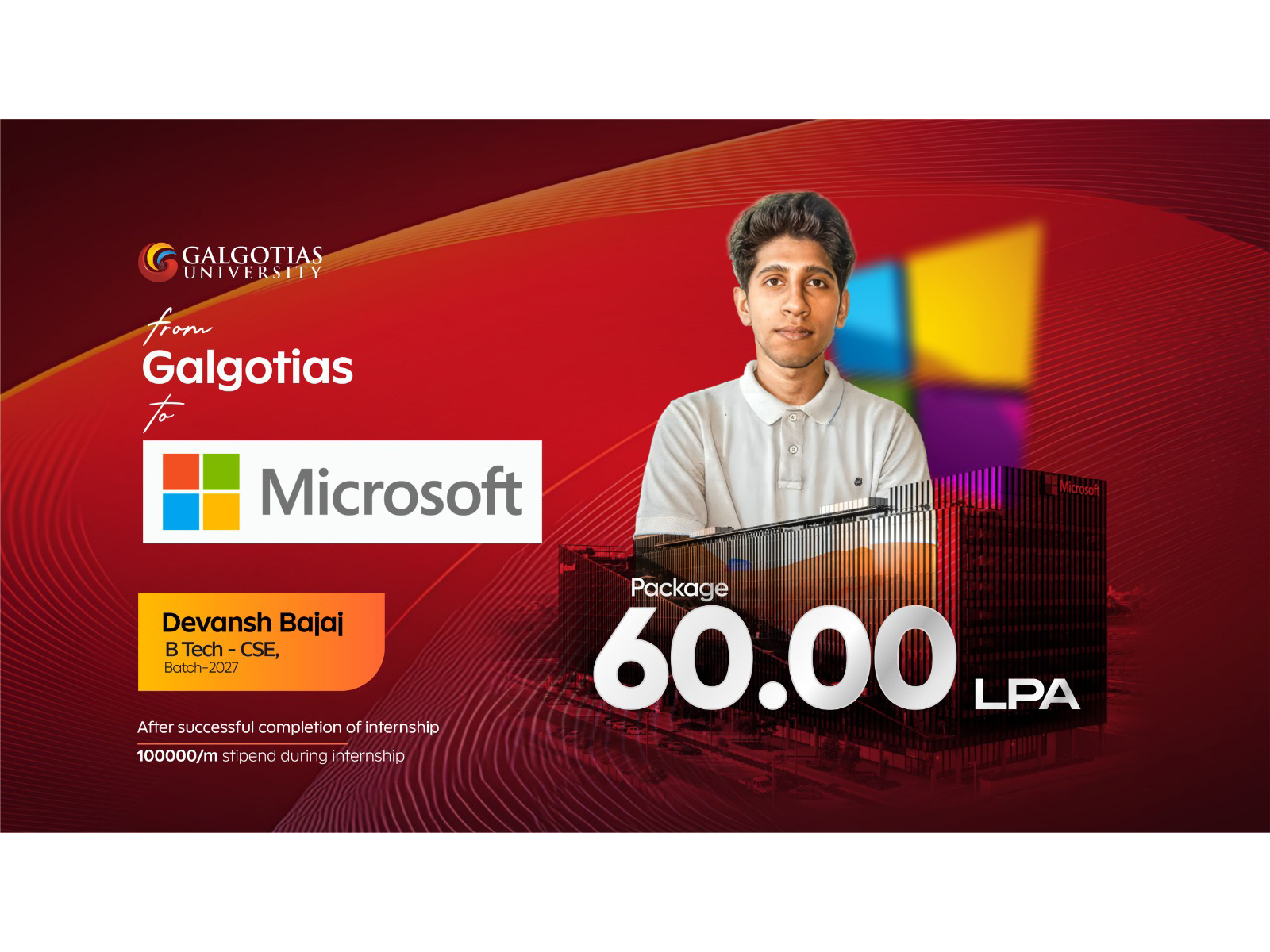 Devansh Bajaj from Galgotias University secures a 60 LPA offer at Microsoft, showcasing GU's strong industry-ready learning ecosystem