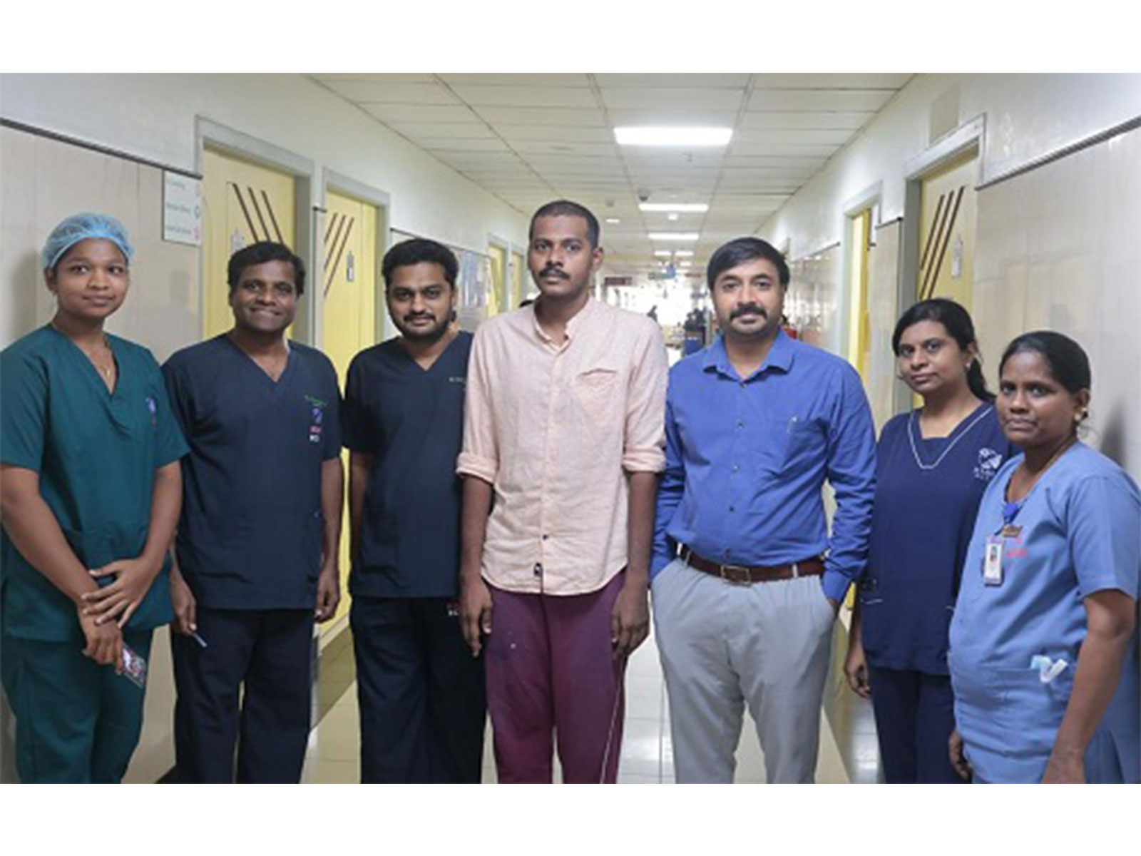L-R: Ms. Kanish Bai; Dr. Devachandran; Dr. Lakshmi Narayanan; Mr. Vinothkumar (Patient); Dr. Rahul Srinivasan (Consultant Neurosurgeon); Dr. Kiruthika; Mrs. Gnanakani