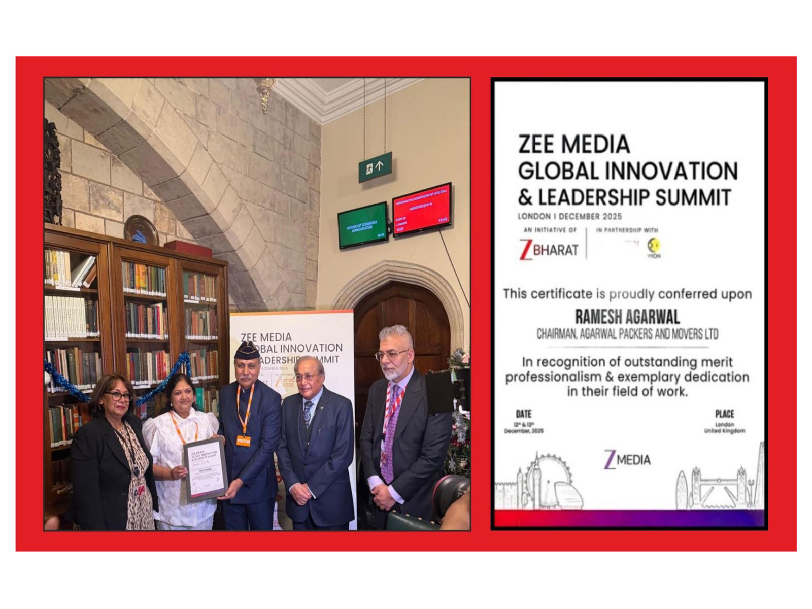 UK Parliament Honours Mr. Ramesh Agarwal, CMD APML, for his Contribution to the Indian Logistics Industry at ZEE Media Summit in London