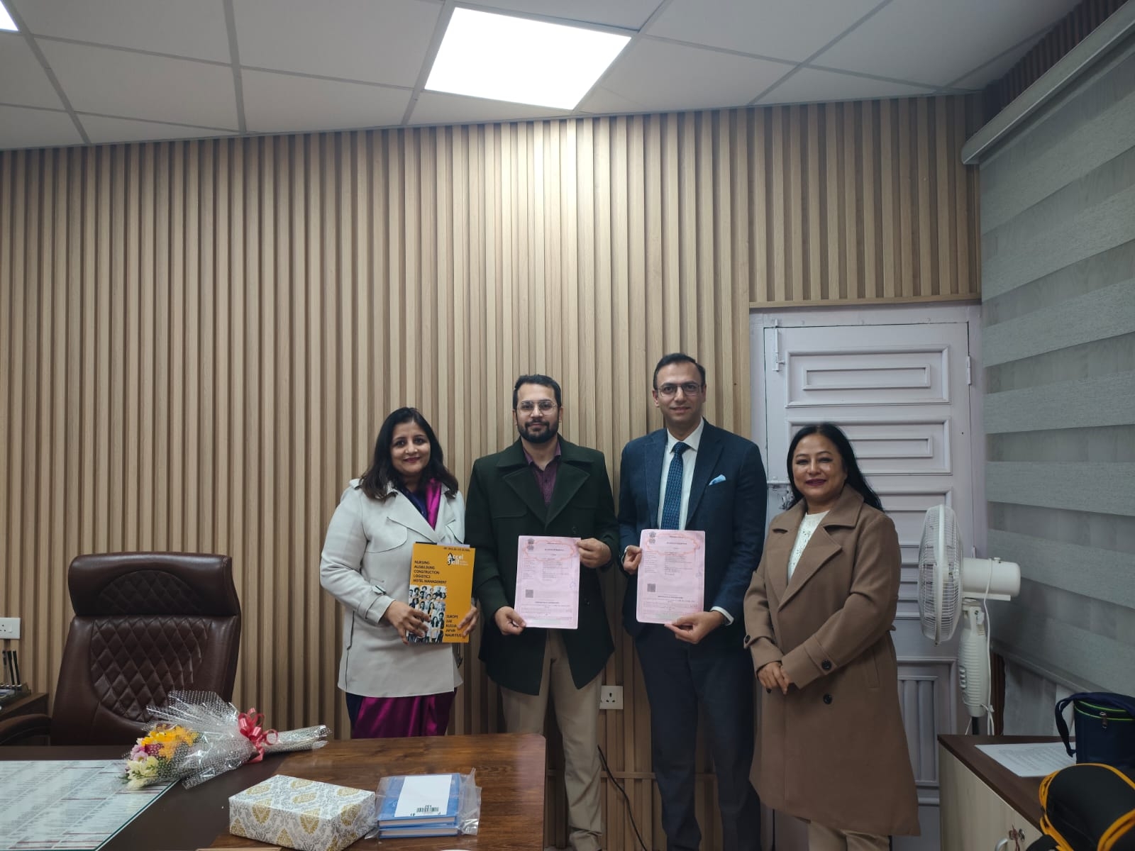 Archana Thakran, Co-founder, Accel Skill (left), Shri Jagdish Chelani, IAS (centre), Yashwinder Singh, Co-founder, Accel Skill (right), and Smt. Banri Michelle Rani, Program Manager