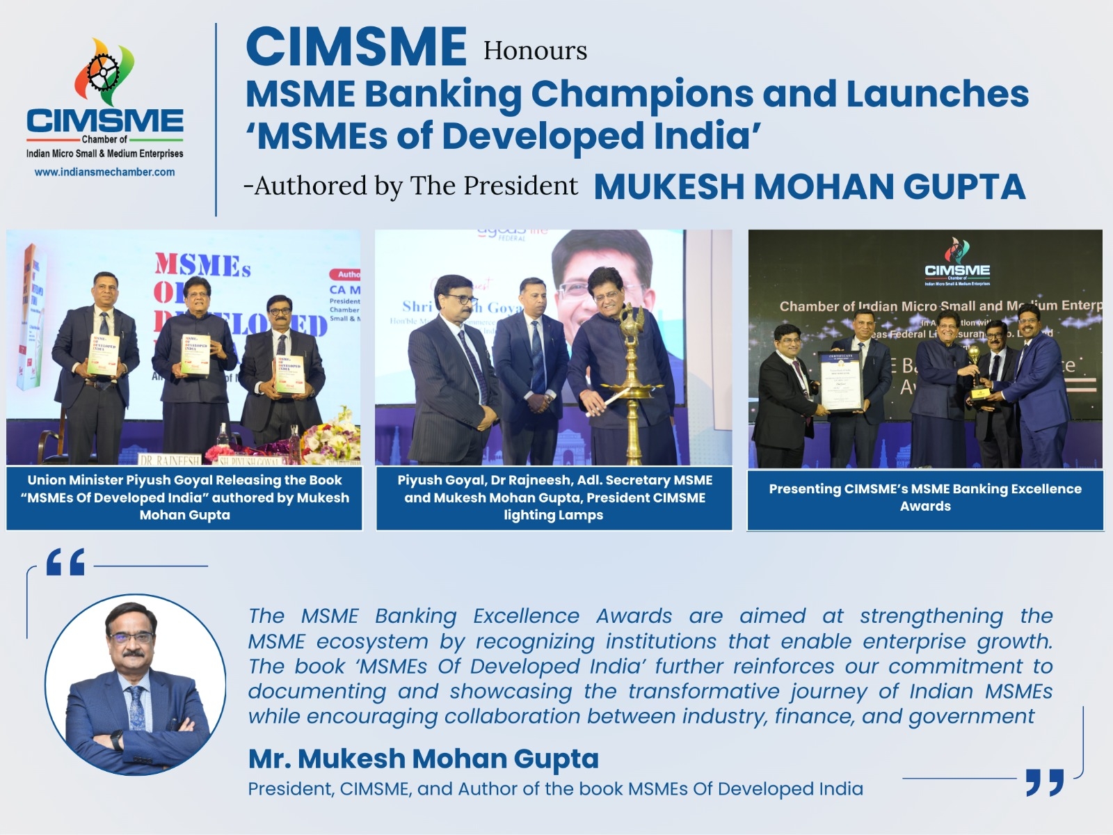 CIMSME Honours MSME Banking Champions and Launches 'MSMEs of Developed India' -Authored by The President Mukesh Mohan Gupta