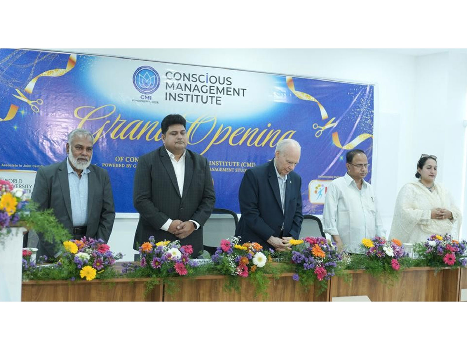 L-R: S Ganesan, CMI; S S Sreejith, Founder & MD, CMI; Garry Jacobs, President, World Academy of Art & Science; N Ashokan, Mother's Service Society; Shweta Rangan, CMI