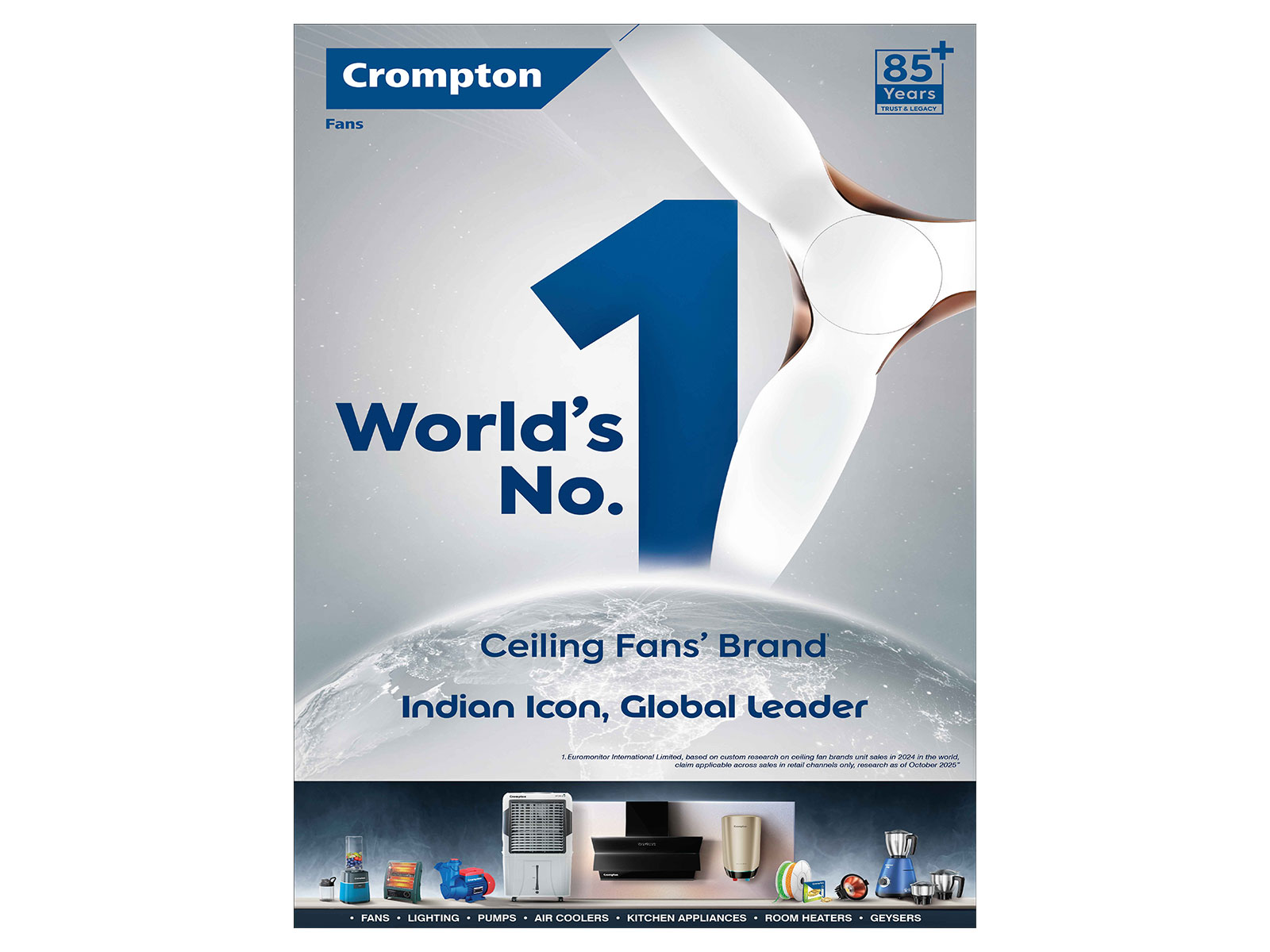 Crompton earns global recognition as the World's No. 1 Ceiling Fan Brand, as ranked by Euromonitor International